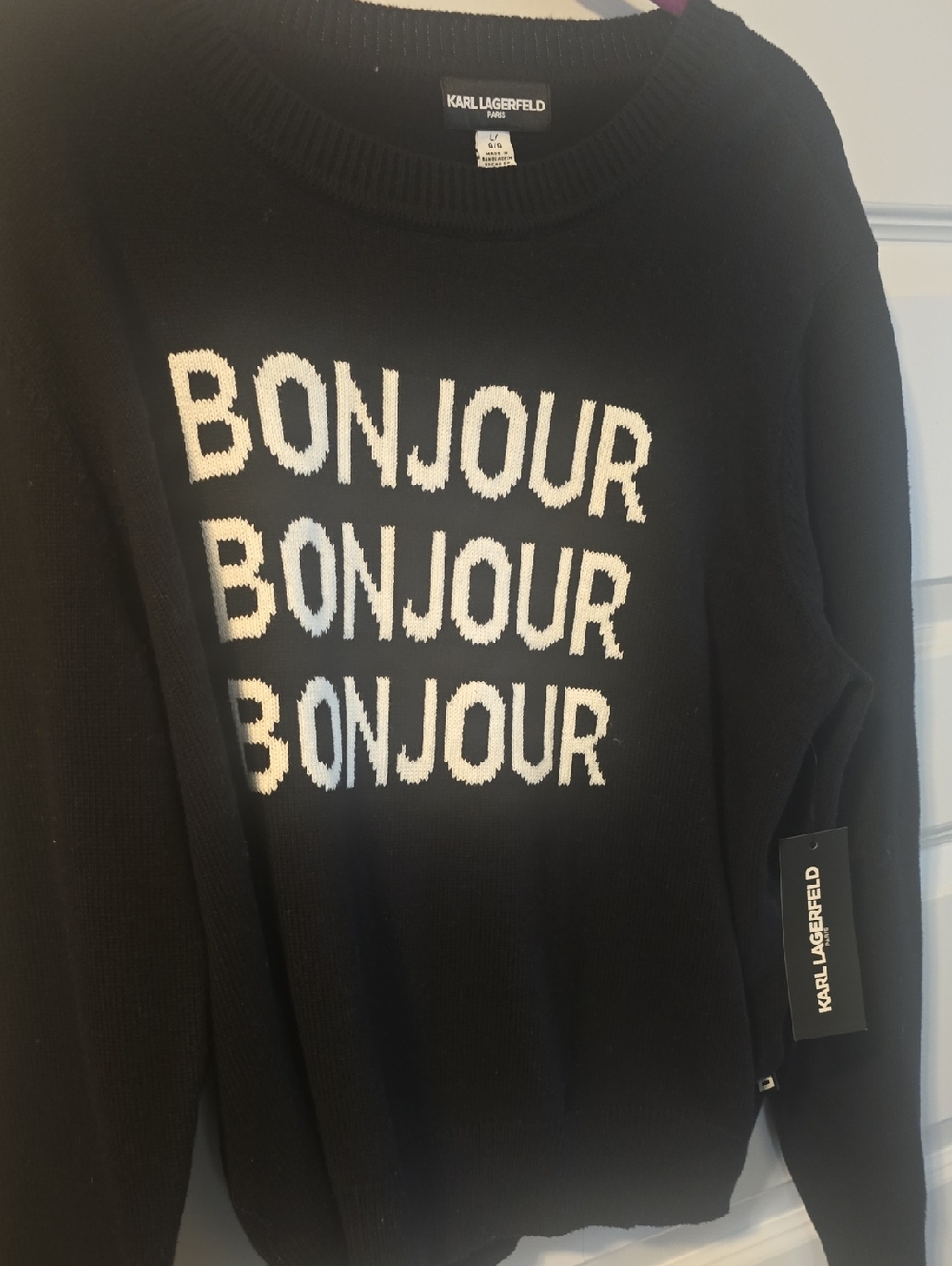 Karl Lagerfeld Black Crewneck 'Bonjour' Triple-Text Sweater L NWT